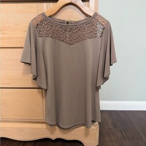 Elegant Brown Lace Accent Women's Blouse